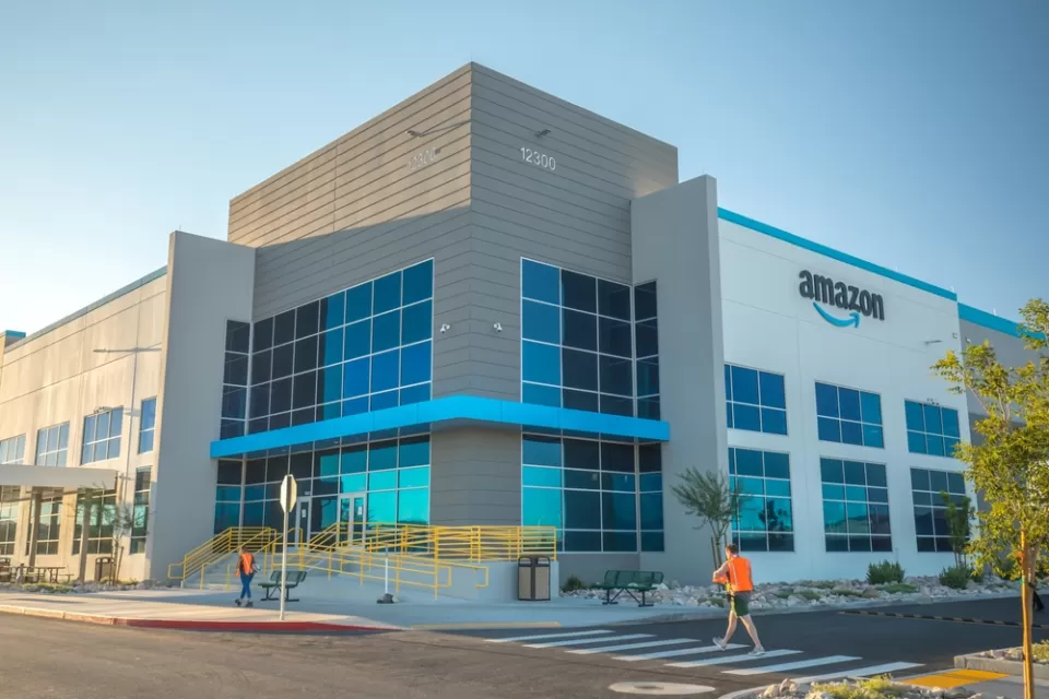 The exterior of a large Amazon distribution center located in Las Vegas, Nevada.